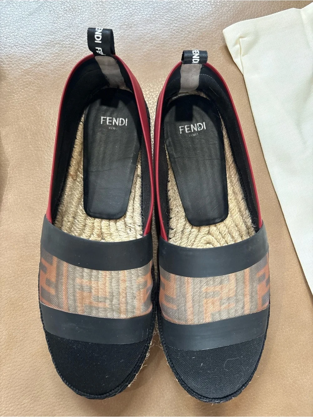Fendi Black and Red Logo-Panel Espadrille Flats size 36 6
